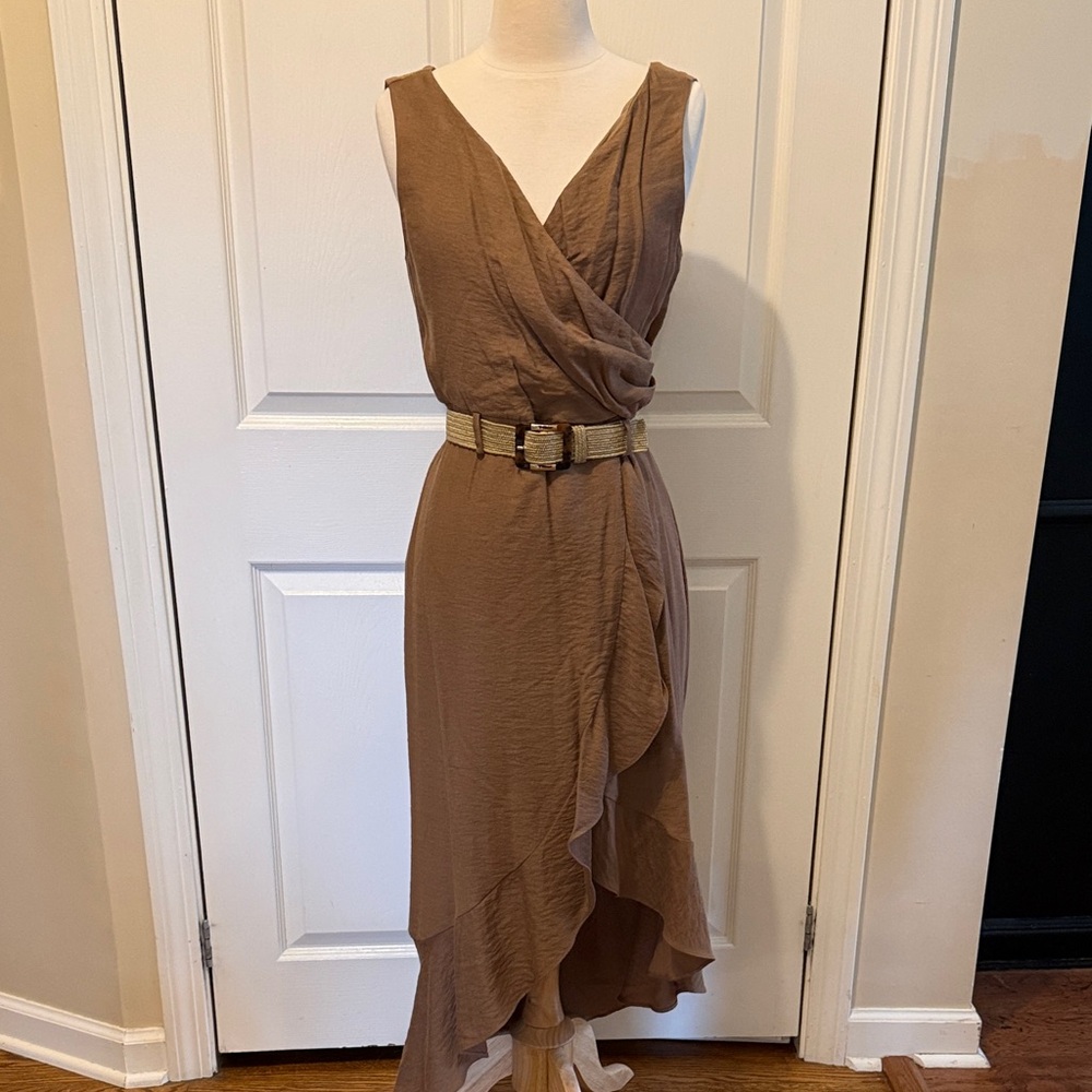 Frank Lyman Design Sleeveless Brown High-Low Wrap Dress